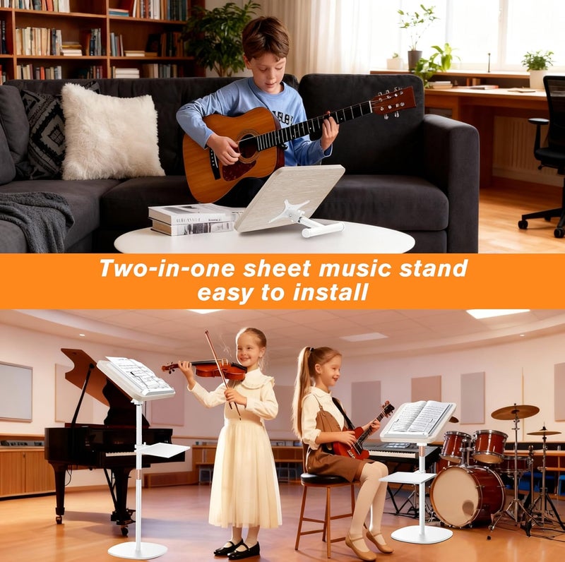 NAMON Floor Music Stand with Tray – 180° Adjustable Solid Wood Desk, Height Adjustable from 16.5 to 51 Inches – Perfect for Projectors, Reading, Laptops & More（White） - Image 2